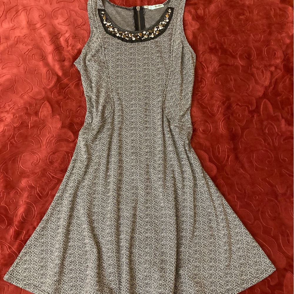 Maurices Gray & Black Herringbone Pattern Dress with Embellished Jewel Neckline